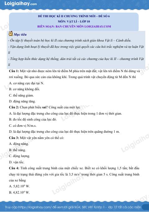 Đề thi học kì 2 Vật lí 10 Cánh diều - Đề số 6